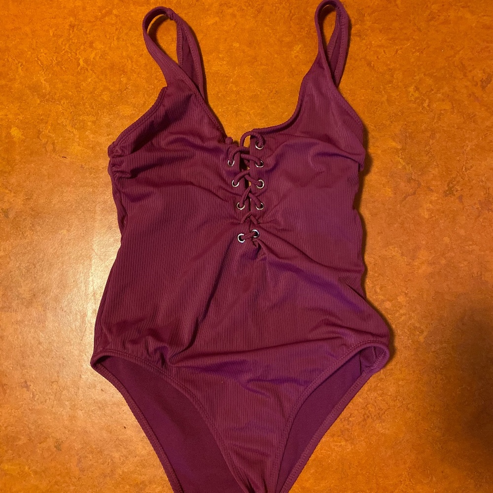 Maroon Lace Up Deep Back Swimsuit